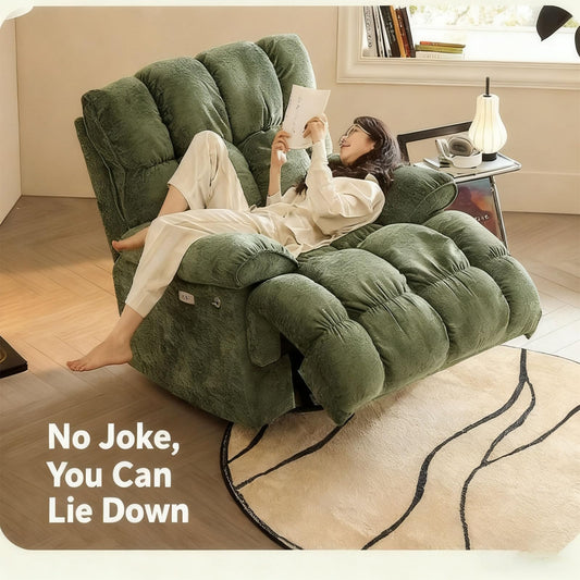 Ultra-soft plush power recliner chair (olive green), overstuffed comfort, adjustable electric reclining.