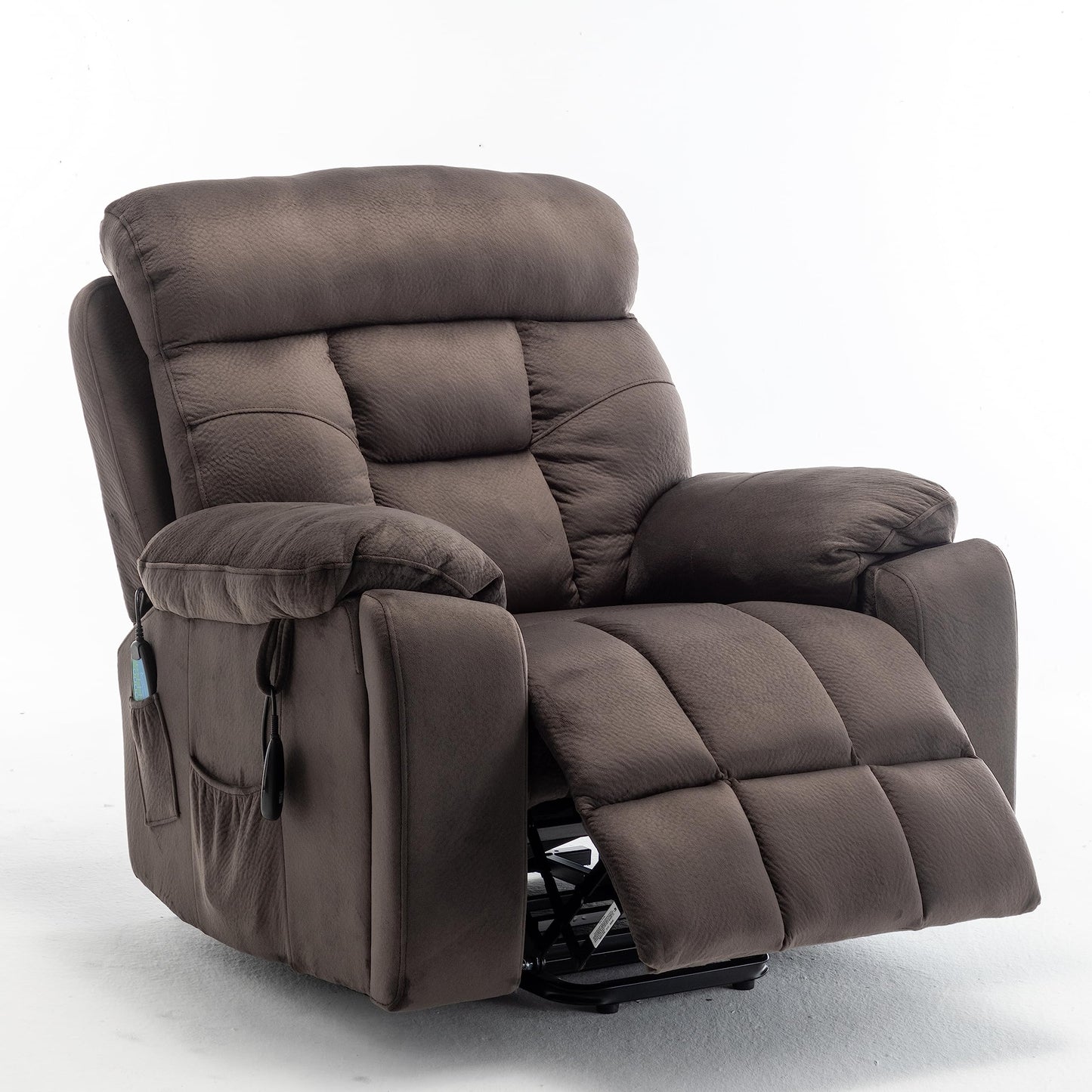 Brisca power lift recliner sofa, OKIN motor, 8-point vibration massage, lumbar heat, cup holders.