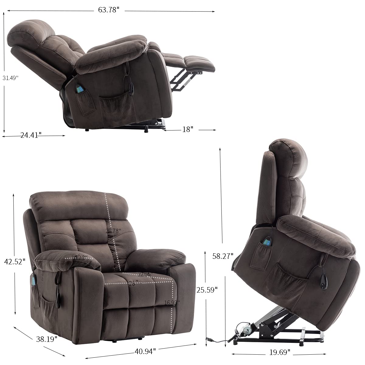 Brisca power lift recliner sofa, OKIN motor, 8-point vibration massage, lumbar heat, cup holders.