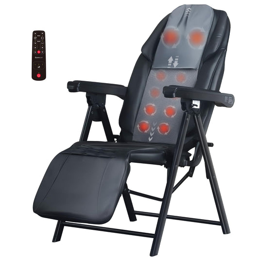 Ezencon foldable electric full-body massage chair, heat function, adjustable backrest, portable design.