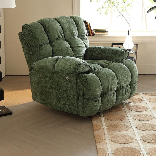 Ultra-soft plush power recliner chair (olive green), overstuffed comfort, adjustable electric reclining.