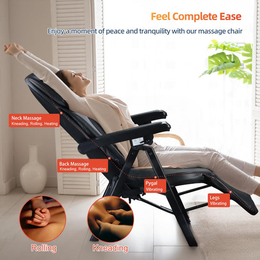 Ezencon foldable electric full-body massage chair, heat function, adjustable backrest, portable design.