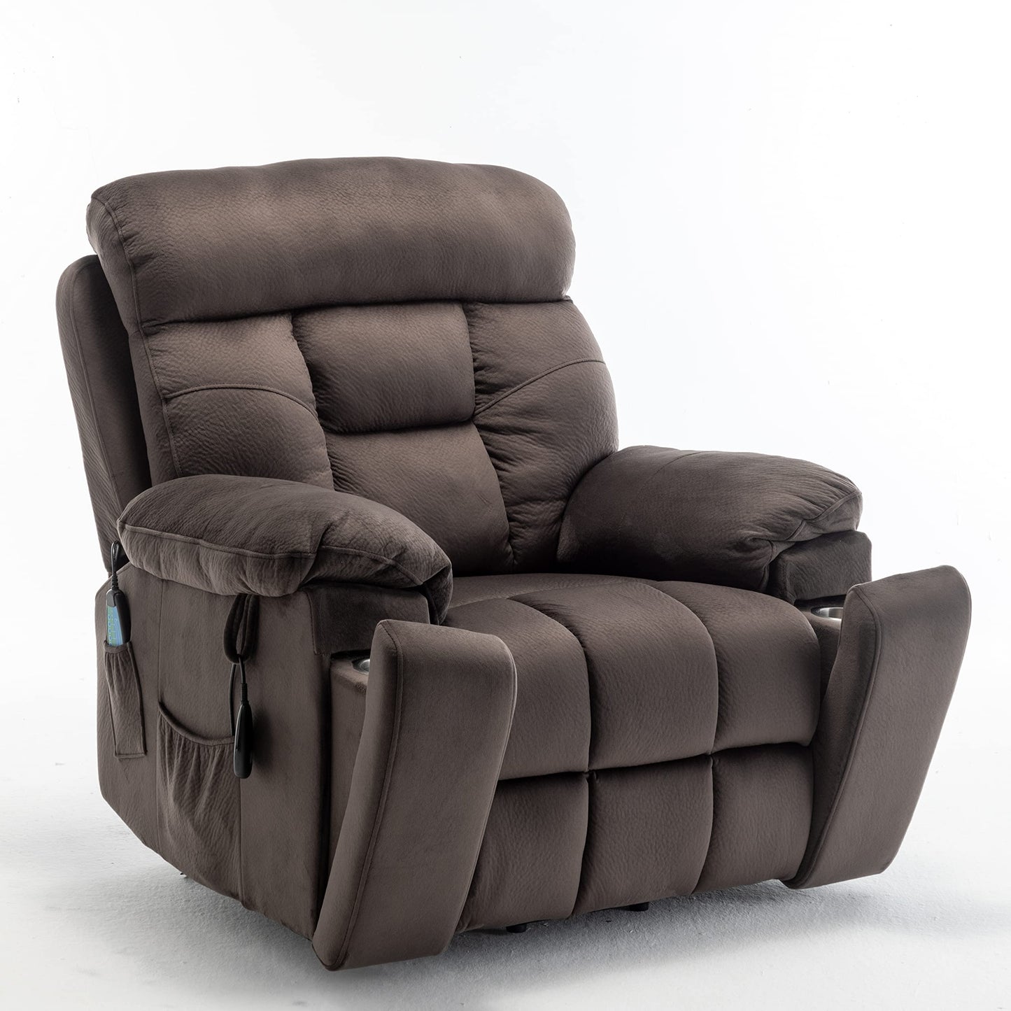 Brisca power lift recliner sofa, OKIN motor, 8-point vibration massage, lumbar heat, cup holders.