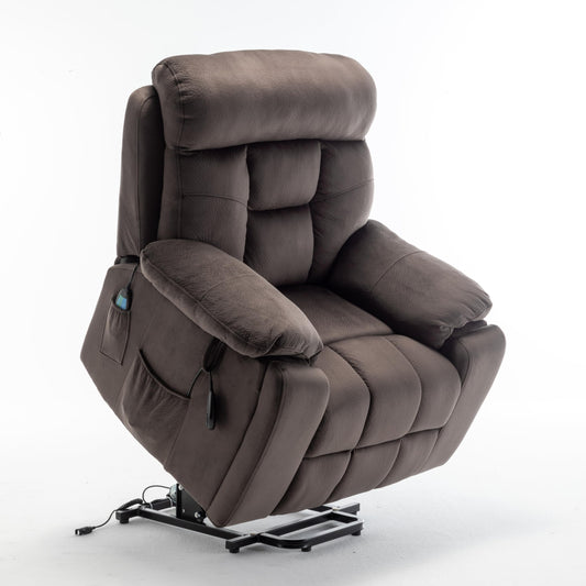 Brisca power lift recliner sofa, OKIN motor, 8-point vibration massage, lumbar heat, cup holders.