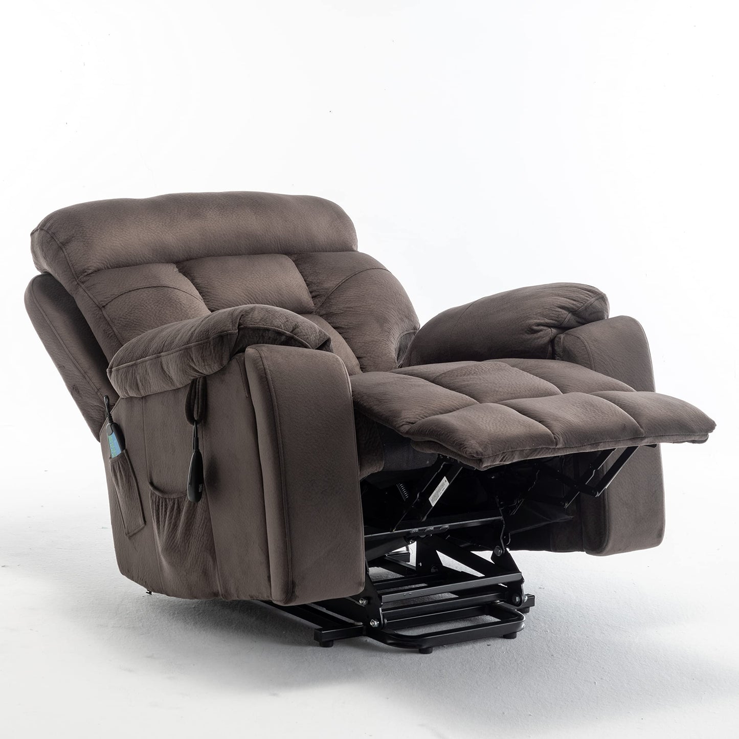 Brisca power lift recliner sofa, OKIN motor, 8-point vibration massage, lumbar heat, cup holders.
