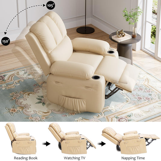 GarveeHome manual leather recliner chair, wide seat design, cup holders, living room lounge chair.